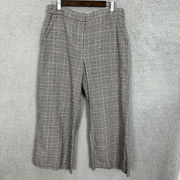 LOFT Wide Leg Pants Womens 10 Black‎ Houndstooth Plaid Linen Blend Preppy Career - Picture 1 of 7